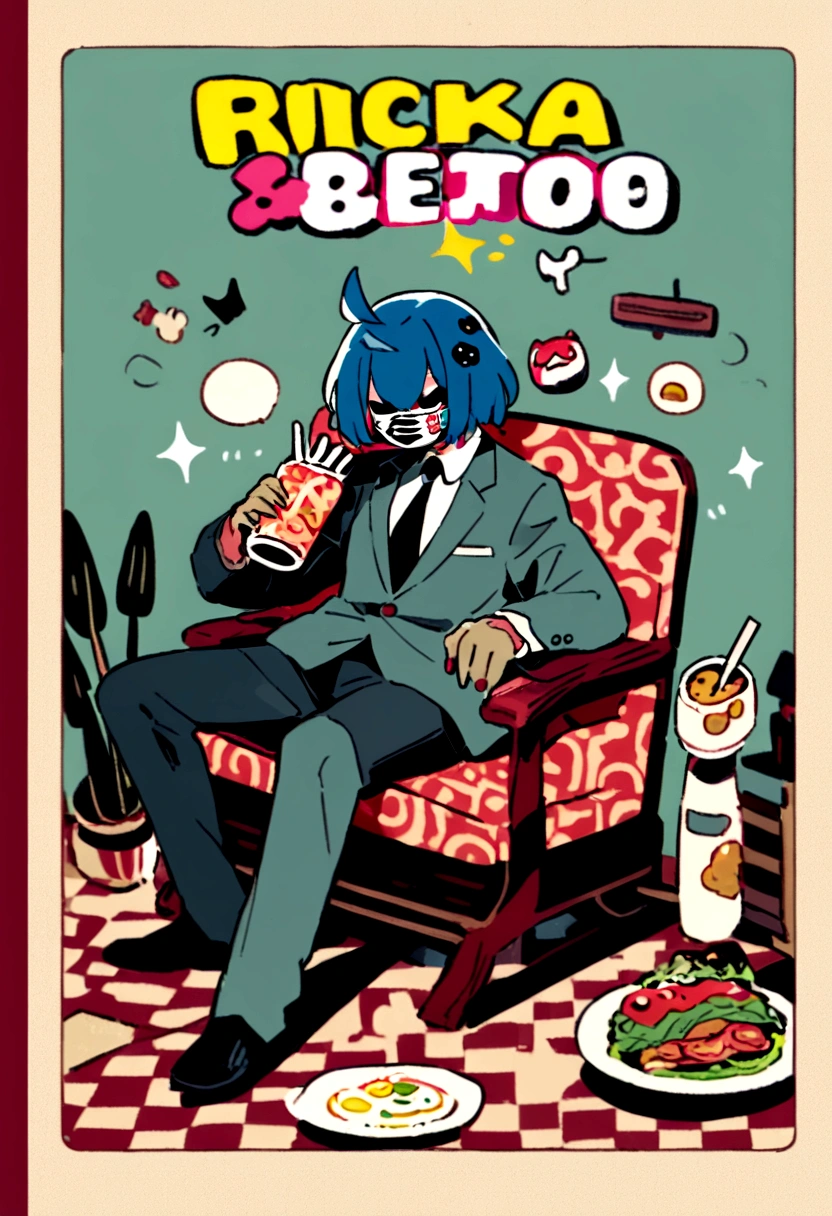 Lucha libre masked man, buff, wearing a suit and enjoys a nice meal. Album cover called "Ricky Meatloaf"