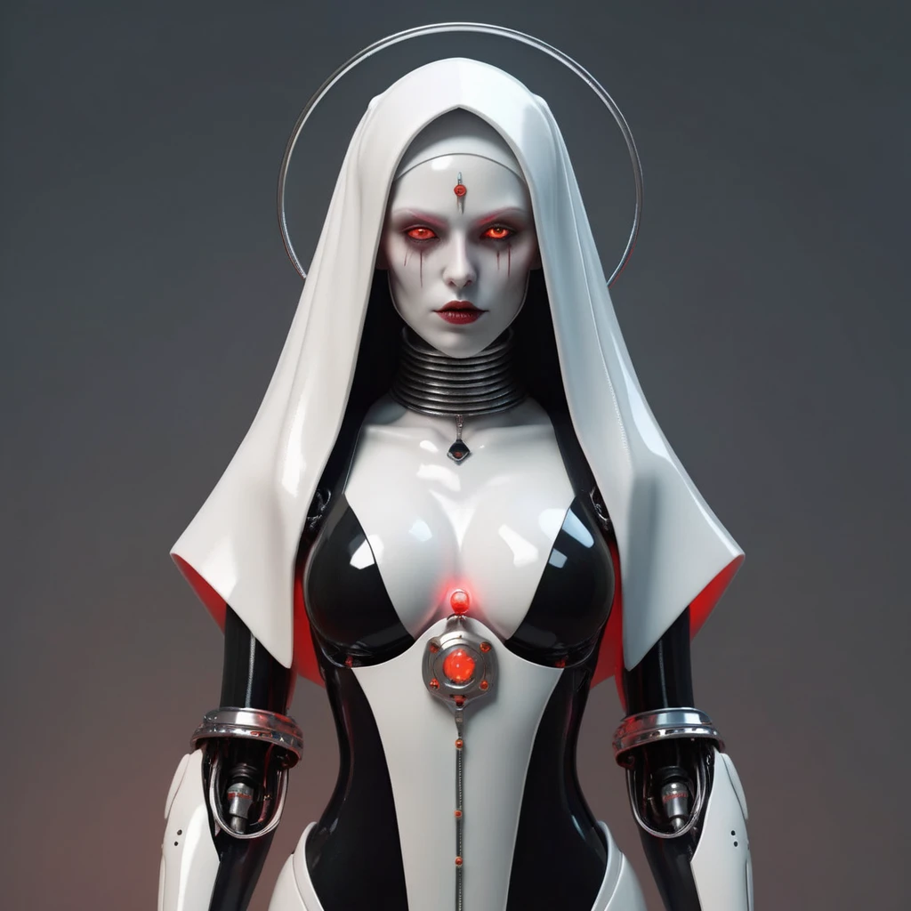 ral-opal, meahophontron, full body, woman robot face, devil nun, , looking at camera, body nun clothes, red eyes, primer plano looking at camera, realist, beautifull woman