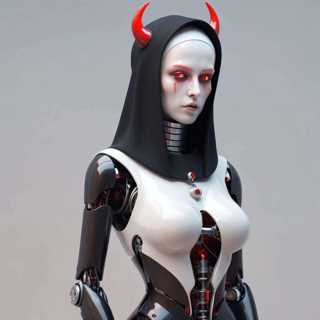 ral-opal, meahophontron, full body, woman robot face, devil nun, negro, looking at camera, body nun clothes, red eyes, primer plano looking at camera, realist, beautifull woman