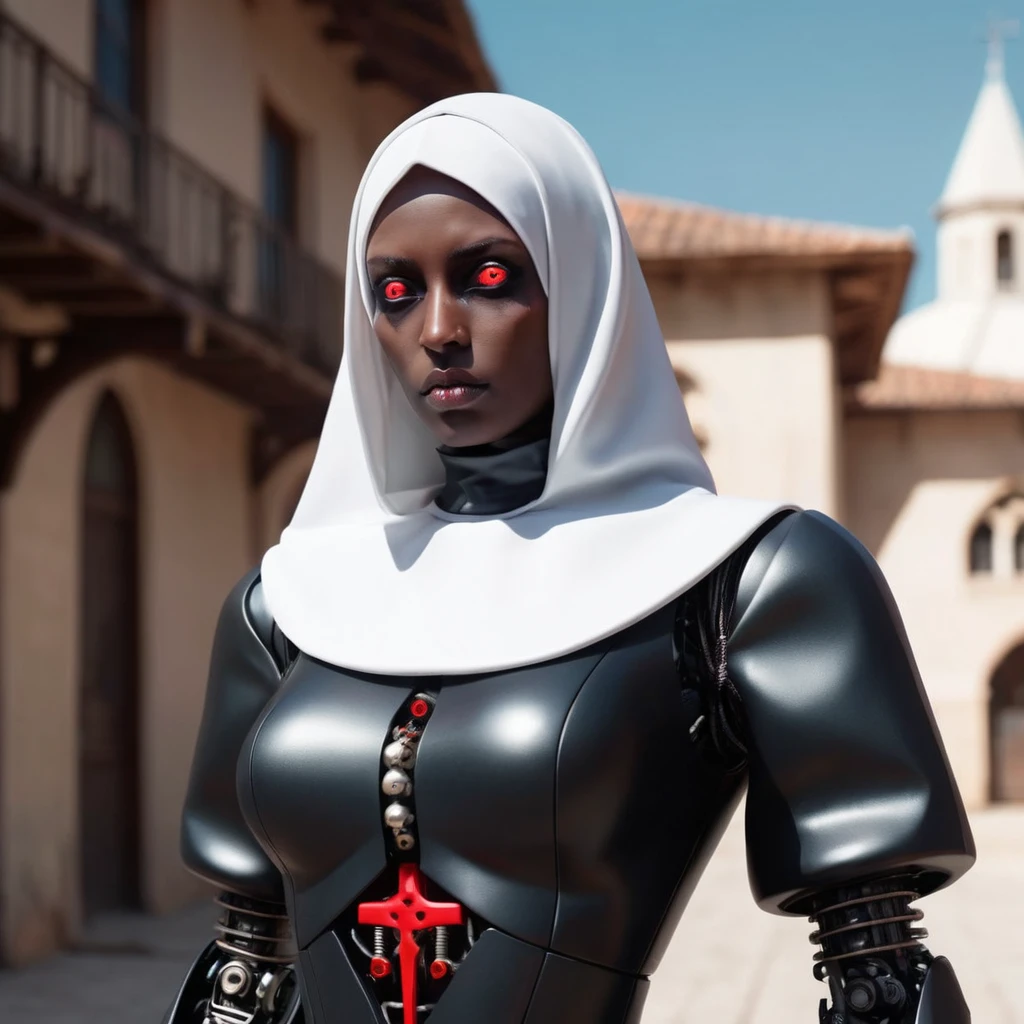 ral-opal, meahophontron, full body, woman robot face, devil nun, negro, looking at camera, body nun clothes, red eyes, primer plano looking at camera, realist, beautifull woman