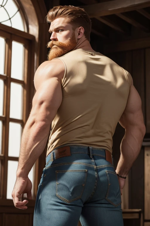 Masterpiece, Best Quality, Ultra-Detailed, muscular, bearded, thick mustache, imposing man [intense look], Intimidating presence, male figure,[imposing shadows],gritty realism, extreme detailed description, wide shoulders, green eyes, detailed eyes, brilliant eyes, handsome eyes, red hair, ginger hair, ginger beard, [chin stubble], imposing silhouette, bright colors, distinctive beard style, sharp focus,  (((beige jeans))) (((backside))) (((acostado de espaldas)))