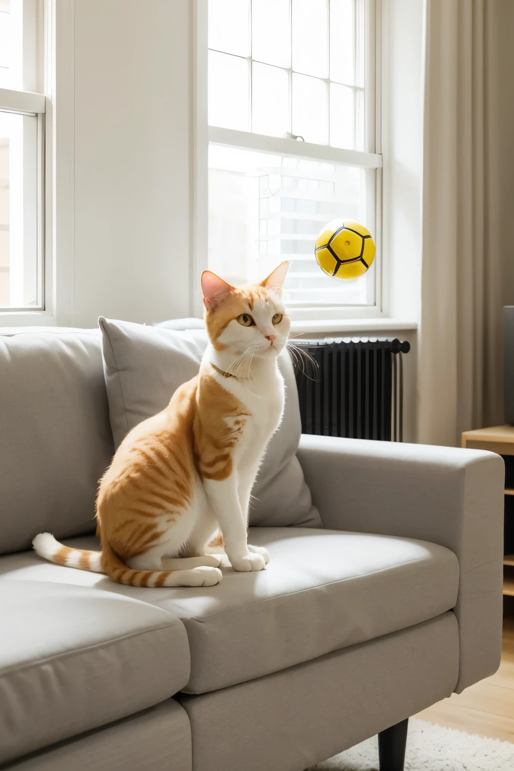 yellow and white cat playing with ball on the living room sofa