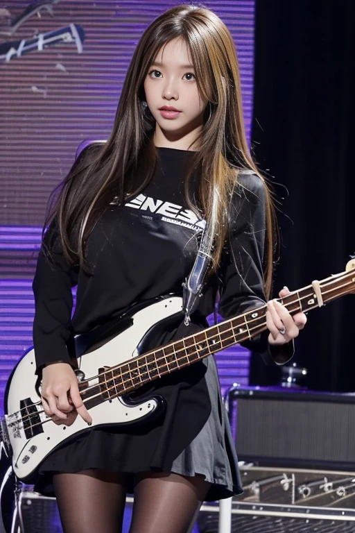 woman playing bass live、brown hair disheveled hair、Complex 4-string bass:1.2、anatomically correct fingers、((Detailed Fender Precision Base:1.3))、just one base、pantyhose