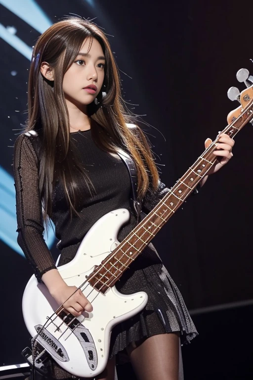 woman playing bass live、brown hair disheveled hair、Complex 4-string bass:1.2、anatomically correct fingers、((Detailed Fender Precision Base:1.3))、just one base、pantyhose