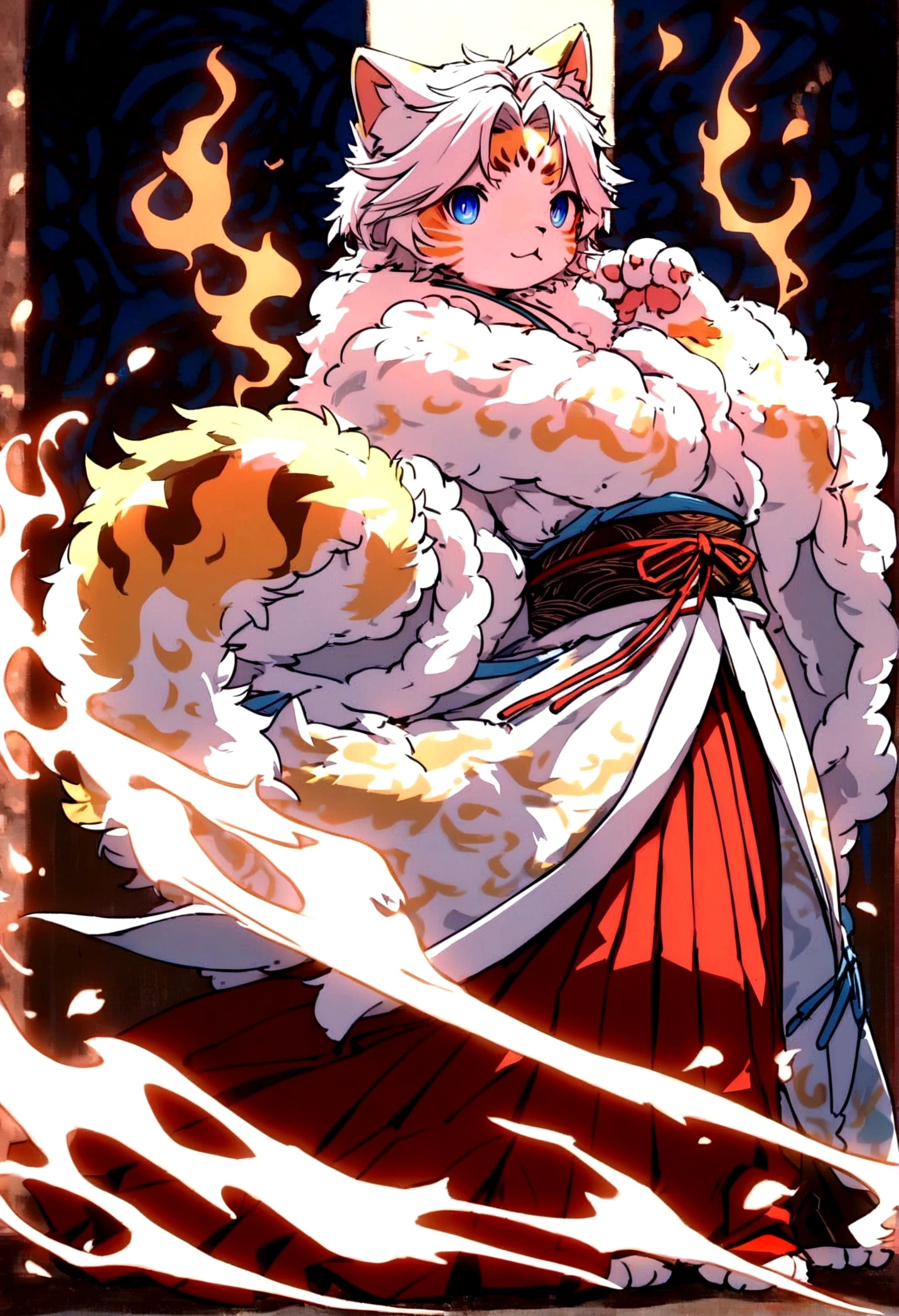 a tabby cat with a soft, fluffy coat, with bright blue eyes that reflect an innate curiosity. He wears a feudal Japanese costume, known as &#39;hakama&#39;, of an intense red that contrasts with its fur. The hakama flows elegantly with every movement, and is adorned with traditional motifs that evoke the samurai era. This cat is not ordinary; It has two mystical tails that end in blue and orange flames, dancing like living torches that illuminate their path.