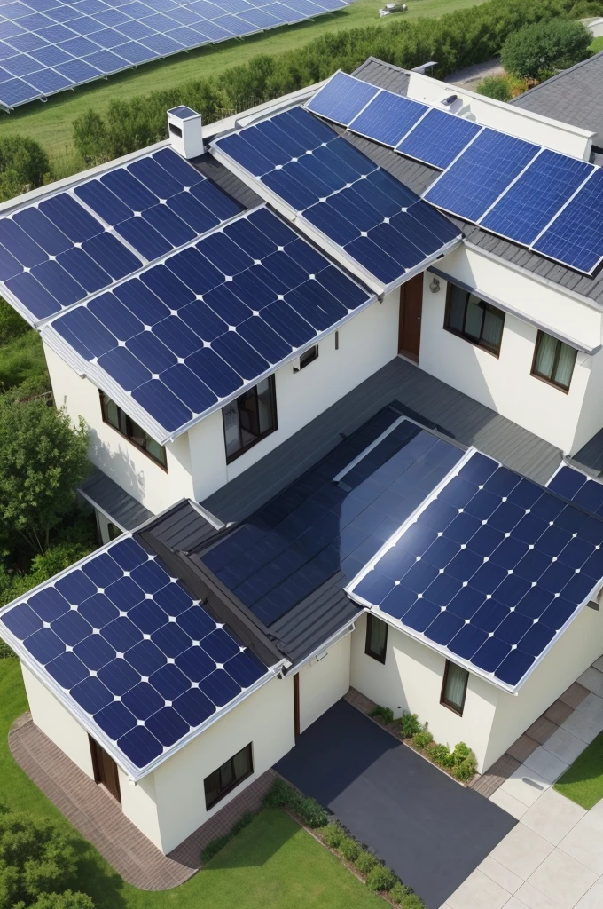 (House with solar panel on the roof) ( happy man) ( money in your pocket)