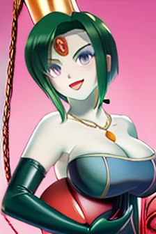 (masterpiece,best quality,ultra-delicate,Perfect Face,16k,high resolution,very beautiful woman), Atsugessho:1.3,  short green hair,blue latex bodycon dress, long latex gloves, green tights, large breasts, gold headpiece, pale blue skin, red gem on forehead, pink mist, ((cosmetics counter)), holding large red ball on rope, necklace, seductive smirk, (extremely glossy)