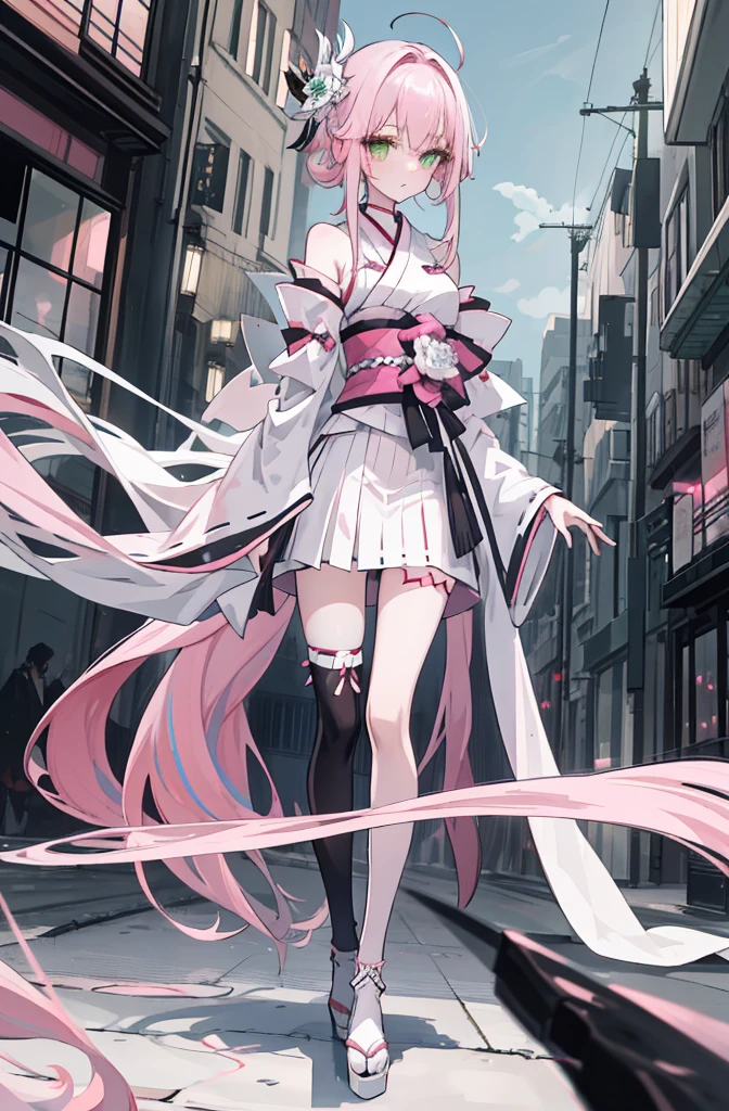 ((A pink-haired))，The hair was long，green eyes,Very long dull hairs，dark city background，white kimono costume，White miko stockings，white mini skirt, night,standing,pink hair,pink hair,