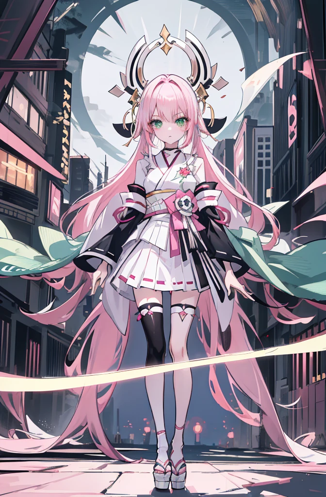 ((A pink-haired)),The hair was long,green eyes,Very long dull hairs,dark city background,white kimono costume,White miko stockings,white mini skirt, night,standing,pink hair,pink hair,
