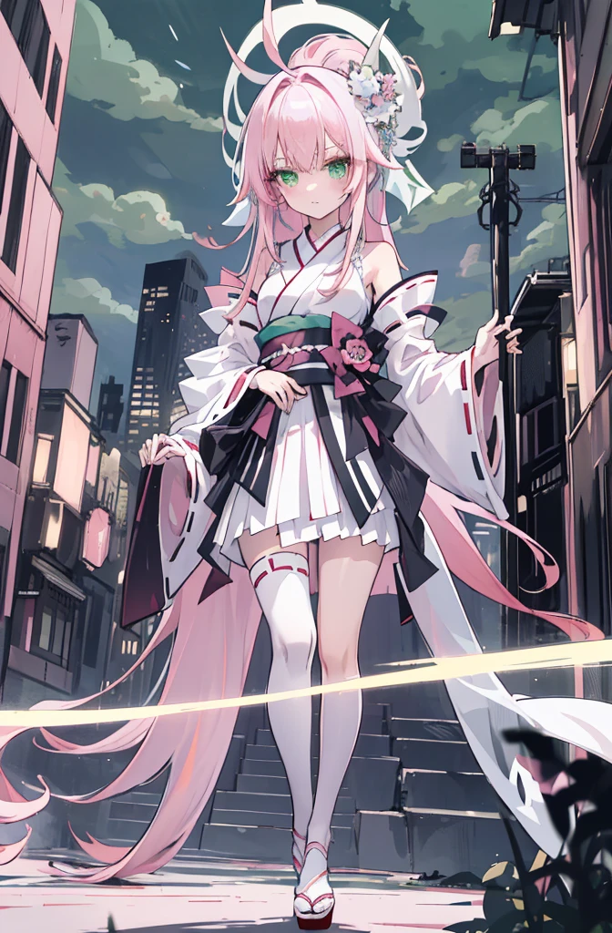 ((A pink-haired))，The hair was long，green eyes,Very long dull hairs，dark city background，white kimono costume，White miko stockings，white mini skirt, night,standing,pink hair,pink hair,