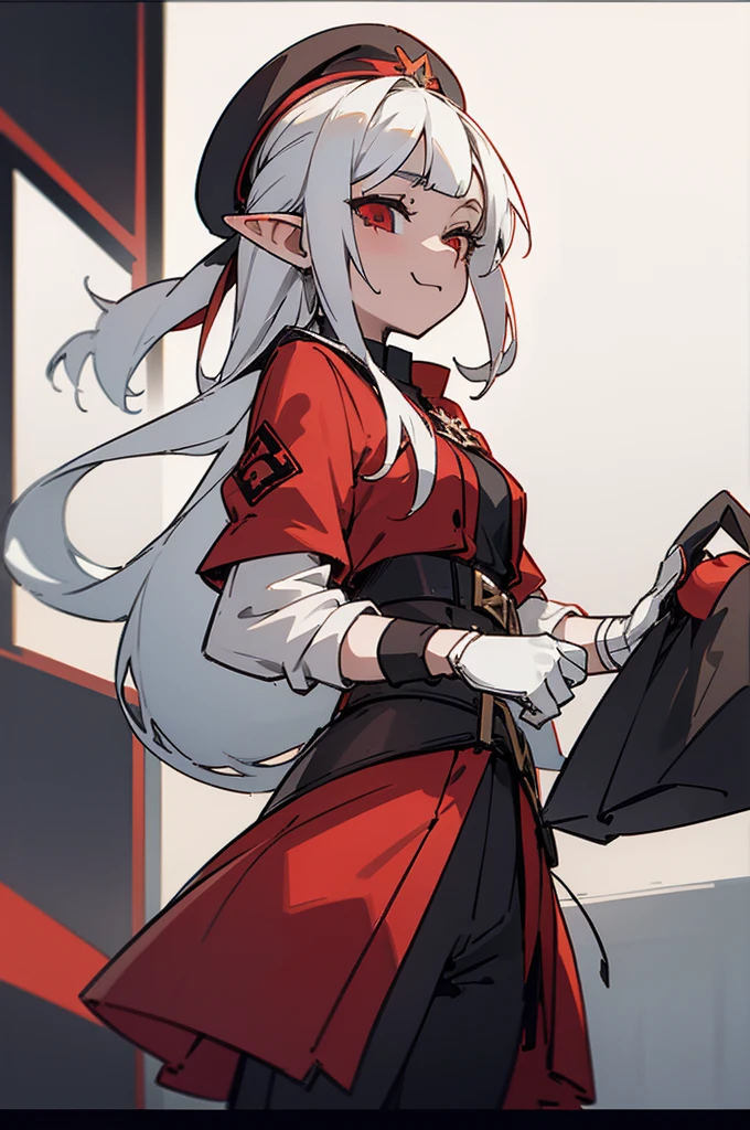 Young girl, ???, elf ears, white hair, medium-long hair, red beret, apple shaped beret, red adventurers clothing, cheerful, amber eyes