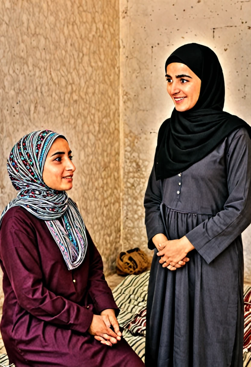 Kurdish woman hijab talking with a man in village room