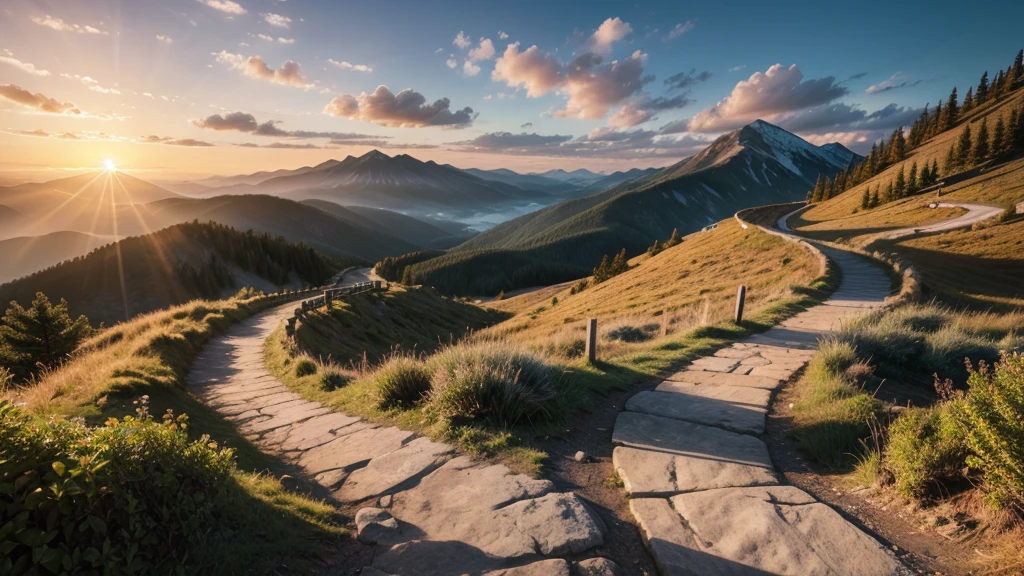 Create an image of a winding mountain trail leading to a breathtaking sunrise, symbolizing perseverance and the beauty of achieving dreams.