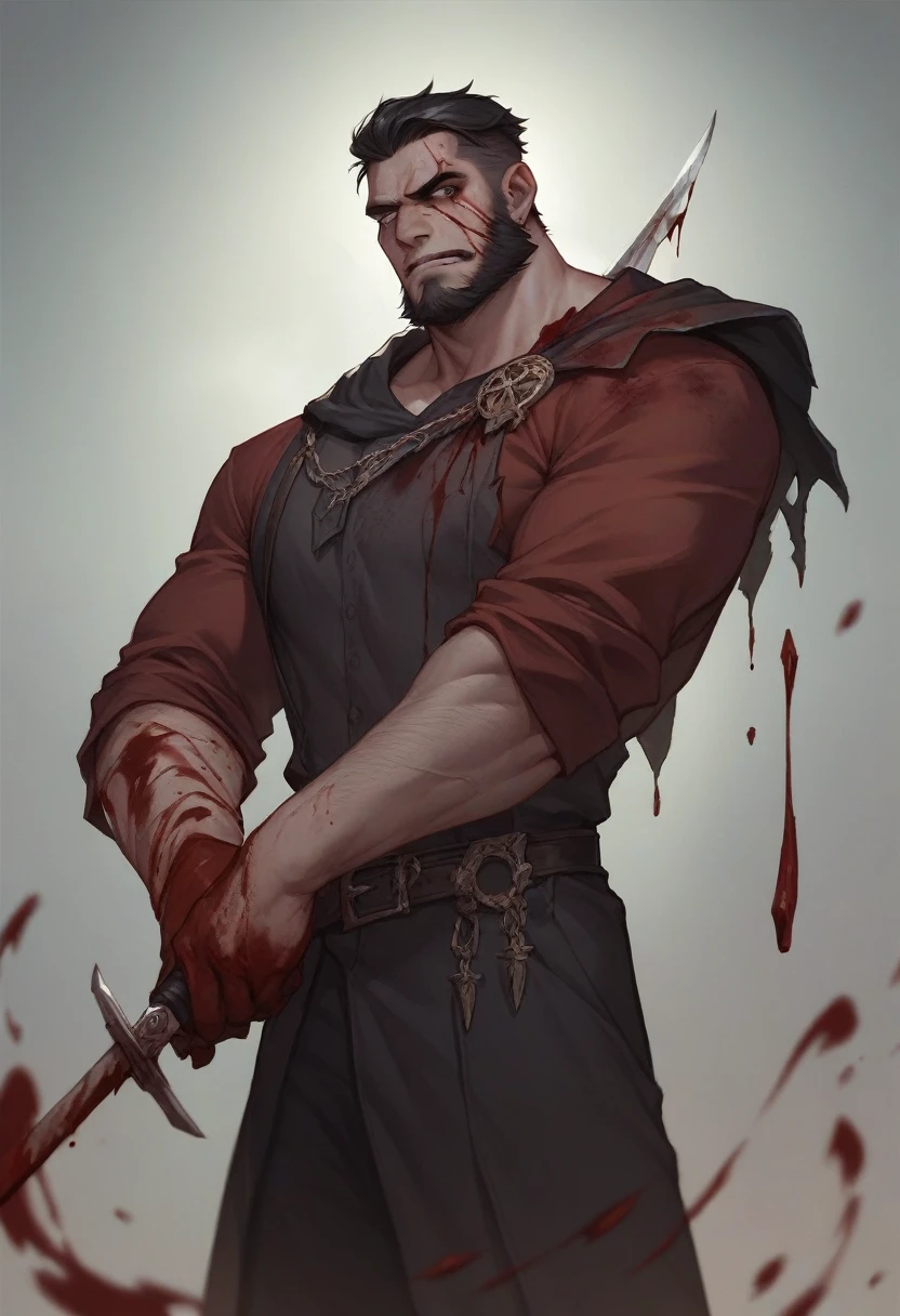 comely "He was a tall and robust man, His eyes had a cold, evil gleam, and his face was covered with a dark beard. He wore simple clothes, but he carried with him a dagger stained with blood."