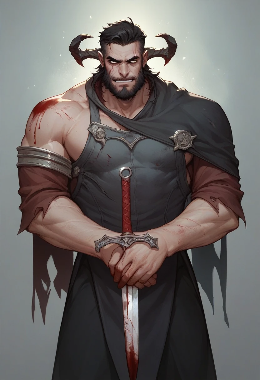 comely "He was a tall and robust man, His eyes had a cold, evil gleam, and his face was covered with a dark beard. He wore simple clothes, but he carried with him a dagger stained with blood."