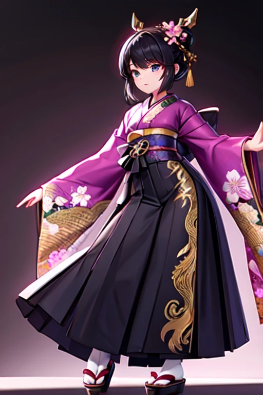 Aiko is a striking figure with long, raven-black hair often styled in a traditional bun adorned with ornate hairpins. Her eyes are sharp and dark, reflecting her keen intellect and unwavering determination.
Outfit:
Aiko wears a beautifully crafted kimono, tailored for both elegance and combat. The kimono is deep crimson with intricate gold embroidery depicting dragons and cherry blossoms, symbolizing her strength and grace. Underneath, she wears a practical hakama for ease of movement.