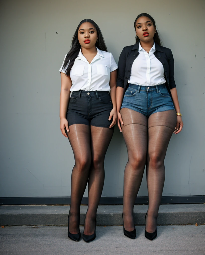 Two black college students plain white shirt and jean shorts, Stunning proportions, anatomically correct, gray sheer tights, grey sheer tights, best quality, fat legs, full body, high heels, massive legs towering over you, standing, wide hips