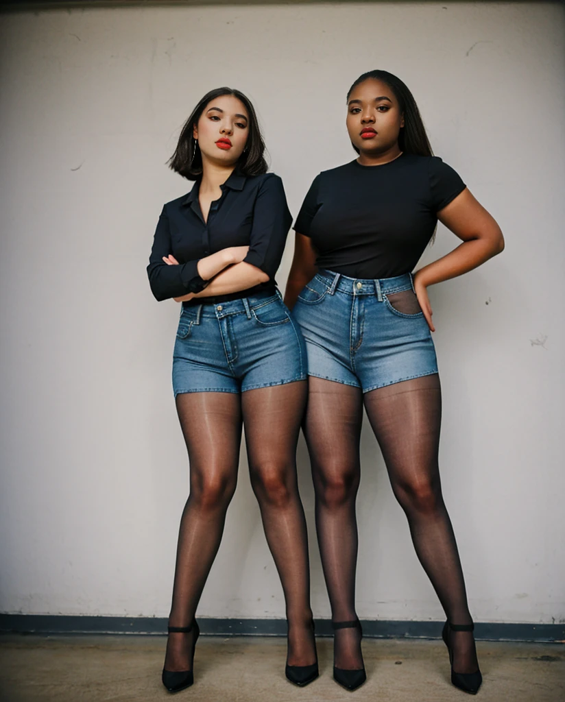 Two black college students plain white shirt and jean shorts, Stunning proportions, anatomically correct, gray sheer tights, grey sheer tights, best quality, fat legs, full body, high heels, massive legs towering over you, standing, wide hips