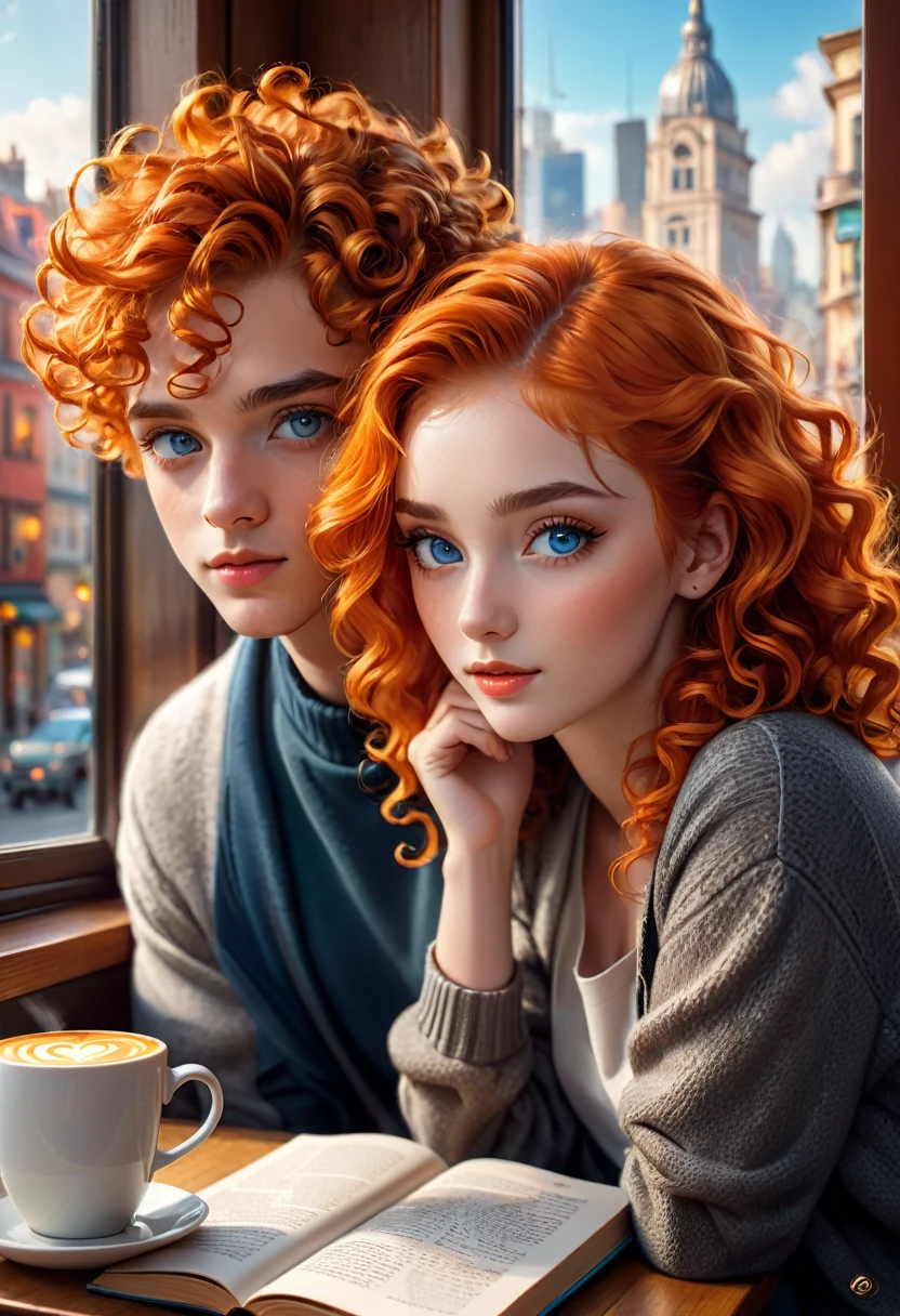 a girl with orange hair, a boy with curly blue eyes sitting in a cafe, beautiful detailed eyes, beautiful detailed lips, extremely detailed eyes and face, long eyelashes, young couple, casual clothes, warm lighting, cozy atmosphere, comfortable interior, coffee cups, table with books and magazines, window with cityscape view, (best quality,4k,8k,highres,masterpiece:1.2),ultra-detailed,(realistic,photorealistic,photo-realistic:1.37),vibrant colors, cinematic lighting, soft focus, digital painting, concept art style