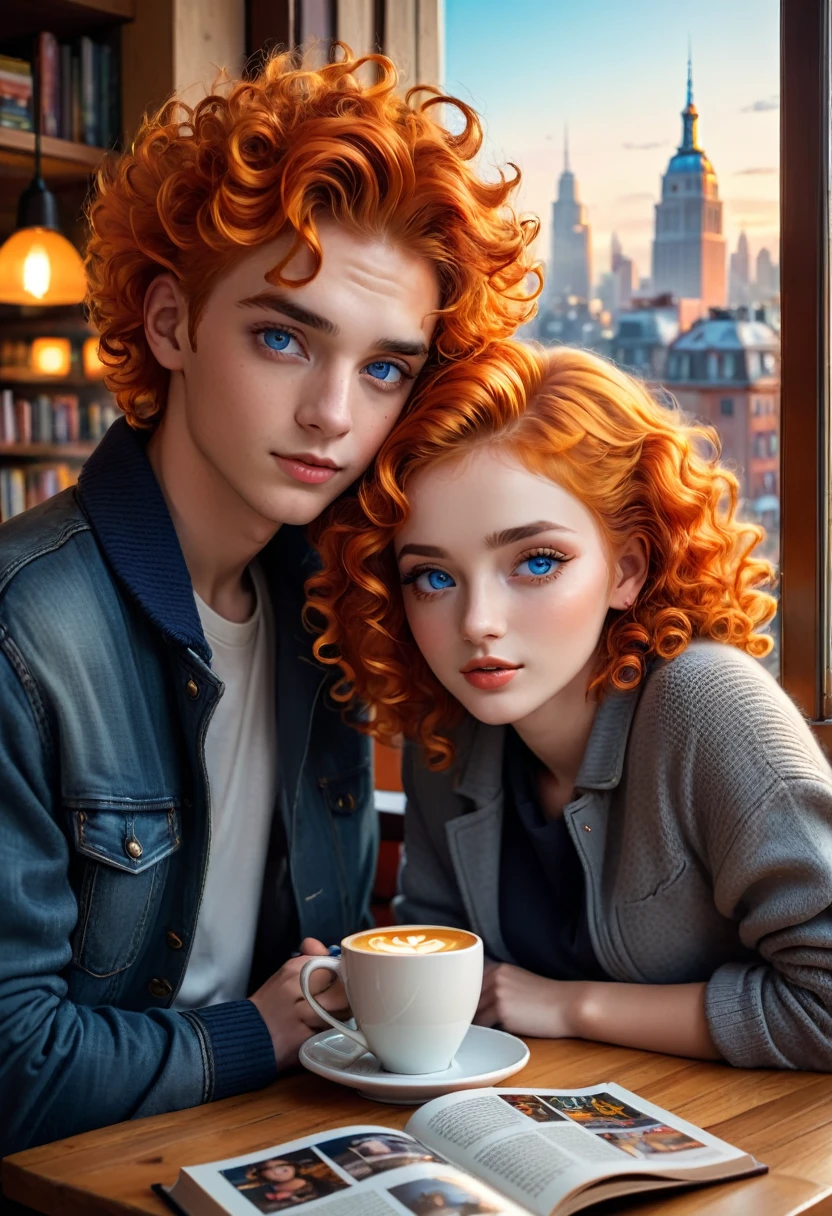 a girl with orange hair, a boy with curly blue eyes sitting in a cafe, beautiful detailed eyes, beautiful detailed lips, extremely detailed eyes and face, long eyelashes, young couple, casual clothes, warm lighting, cozy atmosphere, comfortable interior, coffee cups, table with books and magazines, window with cityscape view, (best quality,4k,8k,highres,masterpiece:1.2),ultra-detailed,(realistic,photorealistic,photo-realistic:1.37),vibrant colors, cinematic lighting, soft focus, digital painting, concept art style