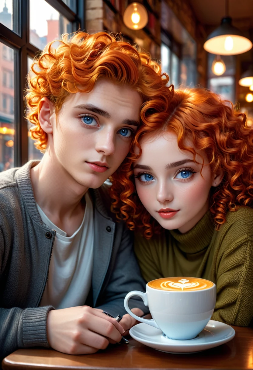 a girl with orange hair, a boy with curly blue eyes sitting in a cafe, beautiful detailed eyes, beautiful detailed lips, extremely detailed eyes and face, long eyelashes, young couple, casual clothes, warm lighting, cozy atmosphere, comfortable interior, coffee cups, table with books and magazines, window with cityscape view, (best quality,4k,8k,highres,masterpiece:1.2),ultra-detailed,(realistic,photorealistic,photo-realistic:1.37),vibrant colors, cinematic lighting, soft focus, digital painting, concept art style