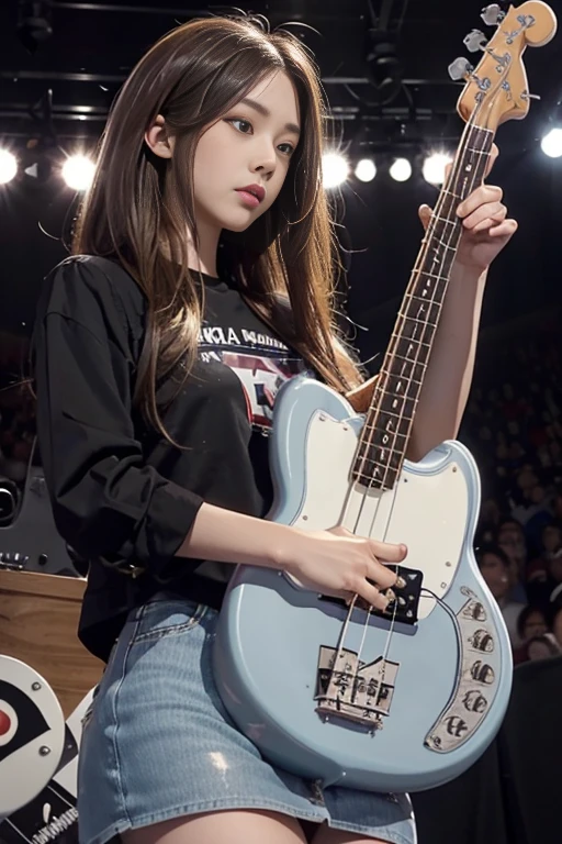 woman playing bass live、brown hair disheveled hair、Complex 4-string bass:1.2、anatomically correct fingers、((Detailed Fender Precision Base:1.3))、just one base、pantyhose