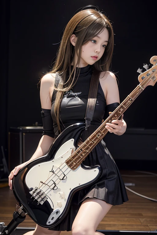 woman playing bass live、brown hair disheveled hair、Complex 4-string bass:1.2、anatomically correct fingers、((Detailed Fender Precision Base:1.3))、just one base、pantyhose