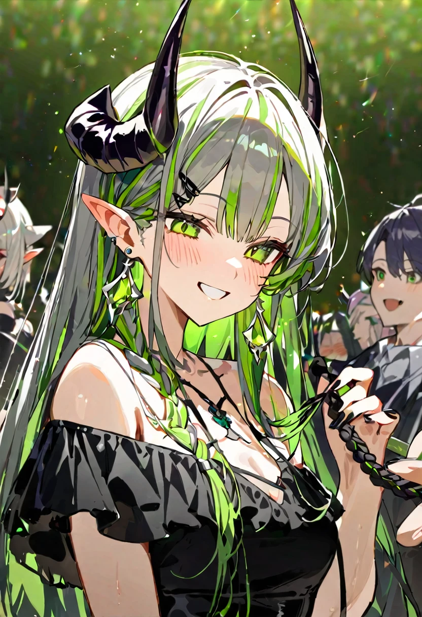 masterpiece,Highest quality,One girl, upper_body, 一人in, Grin, smile, blush, green_eye, horn, earrings, ear_Earrings, jewelry, 前hair, Braiding, Striped_hair, Multicolor_hair, pointed_ears, off_shoulder, black_nail, devil_wing, Looking_in_Audience, green_background