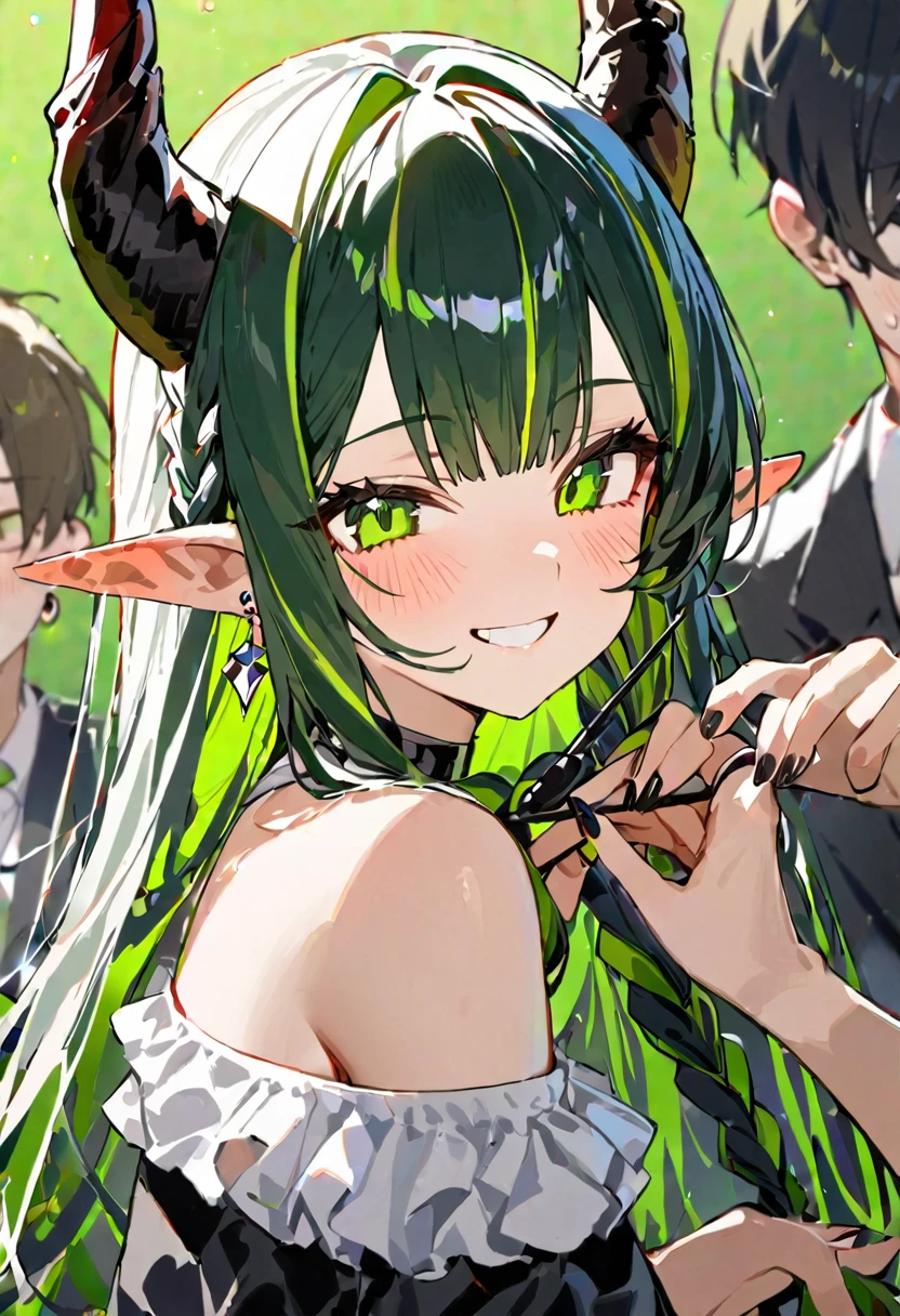 masterpiece,Highest quality,One girl, upper_body, 一人in, Grin, smile, blush, green_eye, horn, earrings, ear_Earrings, jewelry, 前hair, Braiding, Striped_hair, Multicolor_hair, pointed_ears, off_shoulder, black_nail, devil_wing, Looking_in_Audience, green_background