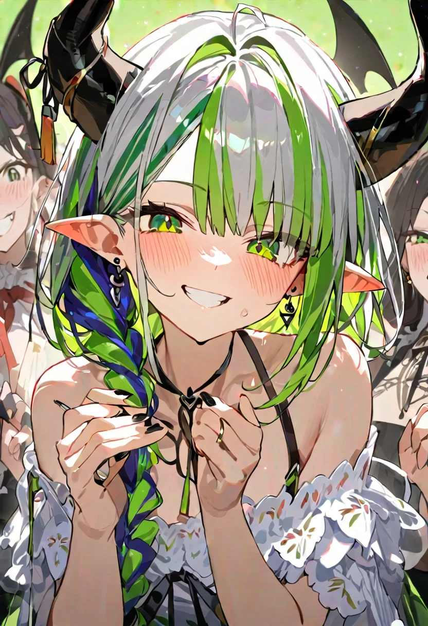 masterpiece,Highest quality,One girl, upper_body, 一人in, Grin, smile, blush, green_eye, horn, earrings, ear_Earrings, jewelry, 前hair, Braiding, Striped_hair, Multicolor_hair, pointed_ears, off_shoulder, black_nail, devil_wing, Looking_in_Audience, green_background