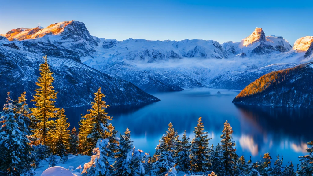 A Norwegian foggy Fjord in the winter, sunset, snowy mountains in the background, fog, pair, coming from blue hot water, The water is blue, snow, ice everywhere, magical forest, mystical, (Nordic Gods mystical vibes:1.2), Watering can SL2 + Leica Vario-Elmarit-SL 24-70 f/2.8 ASF , 16K, Ultra high resolution.Photorealistic, uhd, masterpiece, RAW, kinematics,HDR,High Definition Image,incredibly realistic Norwegian landscape,легкая fogная дымка,
