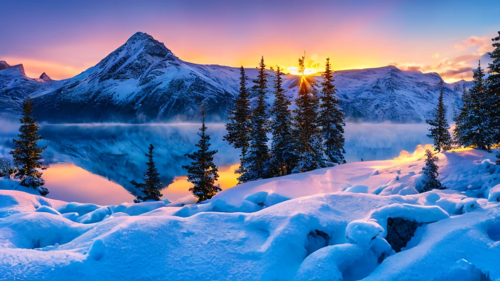 A Norwegian foggy Fjord in the winter, sunset, snowy mountains in the background, fog, pair, coming from blue hot water, The water is blue, snow, ice everywhere, magical forest, mystical, (Nordic Gods mystical vibes:1.2), Watering can SL2 + Leica Vario-Elmarit-SL 24-70 f/2.8 ASF , 16K, Ultra high resolution.Photorealistic, uhd, masterpiece, RAW, kinematics,HDR,High Definition Image,incredibly realistic Norwegian landscape,легкая fogная дымка,