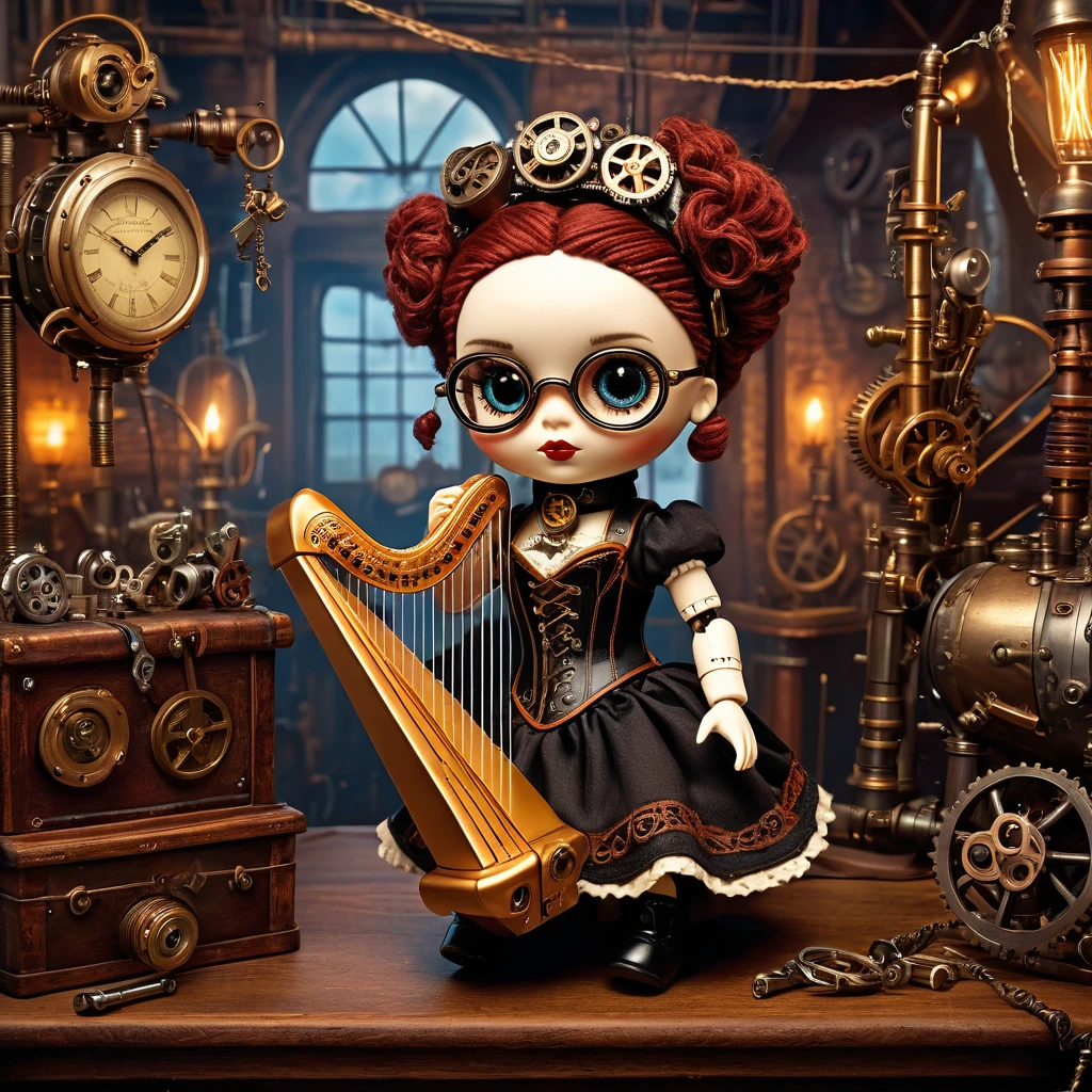 (voodoo doll playing knitted harp:1.2), (Voodoo Steampunk:1.3), (badass clothing: leather corset, aviator glasses, Gears and mechanical parts:1.0), (in the background steam engines, airships and Victorian buildings:1.2), best qualityer, work of art, detailed soft oil painting, detailed back ground, dramatic cinematic lighting, soft edge lighting, proffesional, dramatic lighting, hard edge lighting, ultra quality, 4K, work of art, best qualityer, 8K, ultra high definition, high resolution, extremely detaild