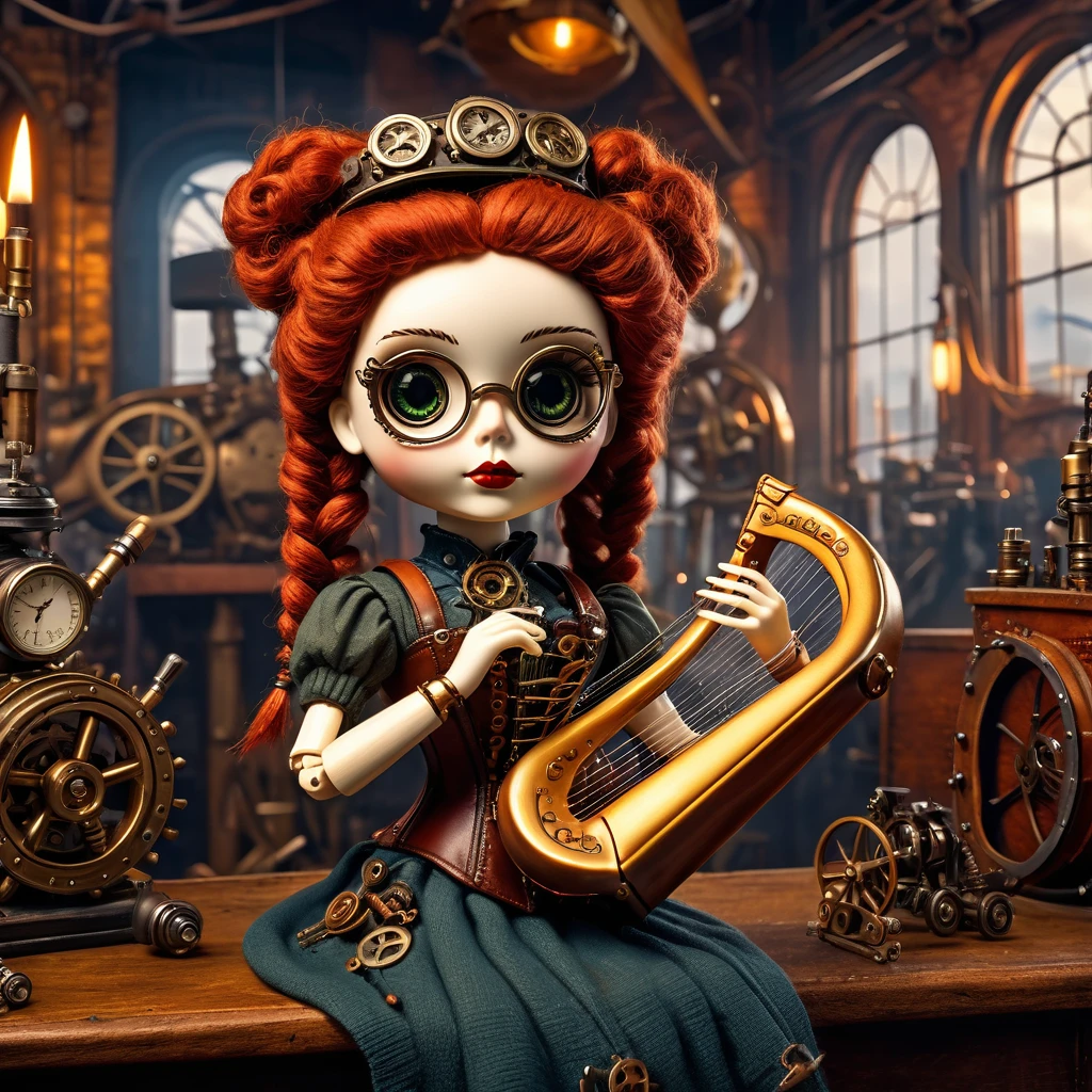 (voodoo doll playing knitted harp:1.2), (Voodoo Steampunk:1.3), (badass clothing: leather corset, aviator glasses, Gears and mechanical parts:1.0), (in the background steam engines, airships and Victorian buildings:1.2), best qualityer, work of art, detailed soft oil painting, detailed back ground, dramatic cinematic lighting, soft edge lighting, proffesional, dramatic lighting, hard edge lighting, ultra quality, 4K, work of art, best qualityer, 8K, ultra high definition, high resolution, extremely detaild