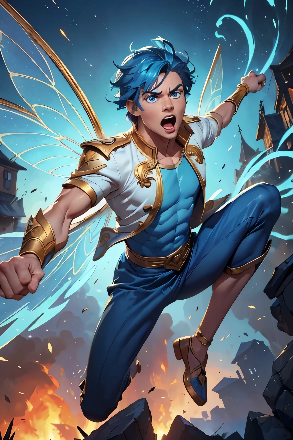 (High detailed, high resolution, masterpiece), (a female faerie with furious facial expression escapes a village on fire by flying with his two wings), (blue, white and gold clothes), ((looking at the viewer, blue eyes)), (dynamic flying pose), (a clenched fist ready to strike the viewer), ((flying in the direction of the viewer, dynamic fighting pose)), (blue hair), ((furious), (hungry), (screaming))