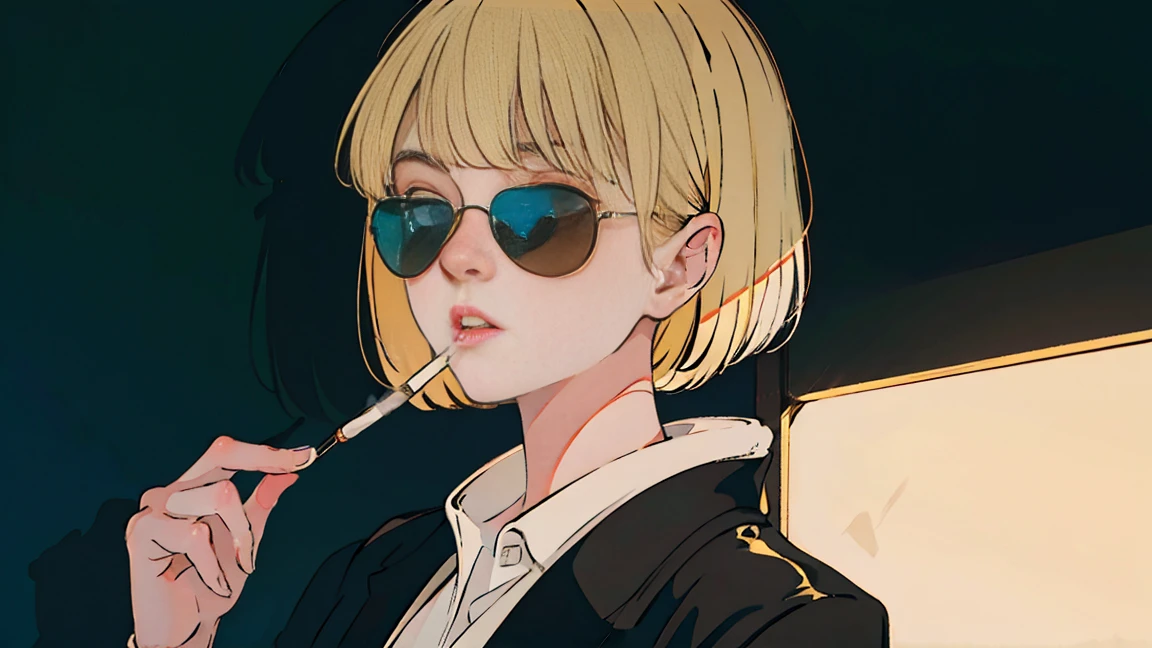 Beautiful blonde Asian girl, Perfect Face, sunglasses, Smoking white Taylormade cigarettes, Neon Black, (Backlit: 1.1), Hard Shadows, masterpiece, Highest quality, Complex, Model shooting style, Vintage, Film Grain, Rio de Janeiro