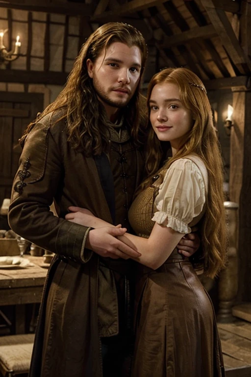 a handsome Kit Harington holding a beautiful and busty pregnant Sadie Sink with long blonde hair, smiling, medieval fantasy scene, north landscape,