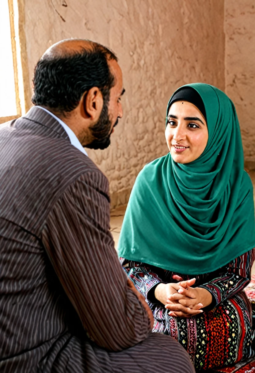 Kurdish woman hijab  talking with a man in village room 