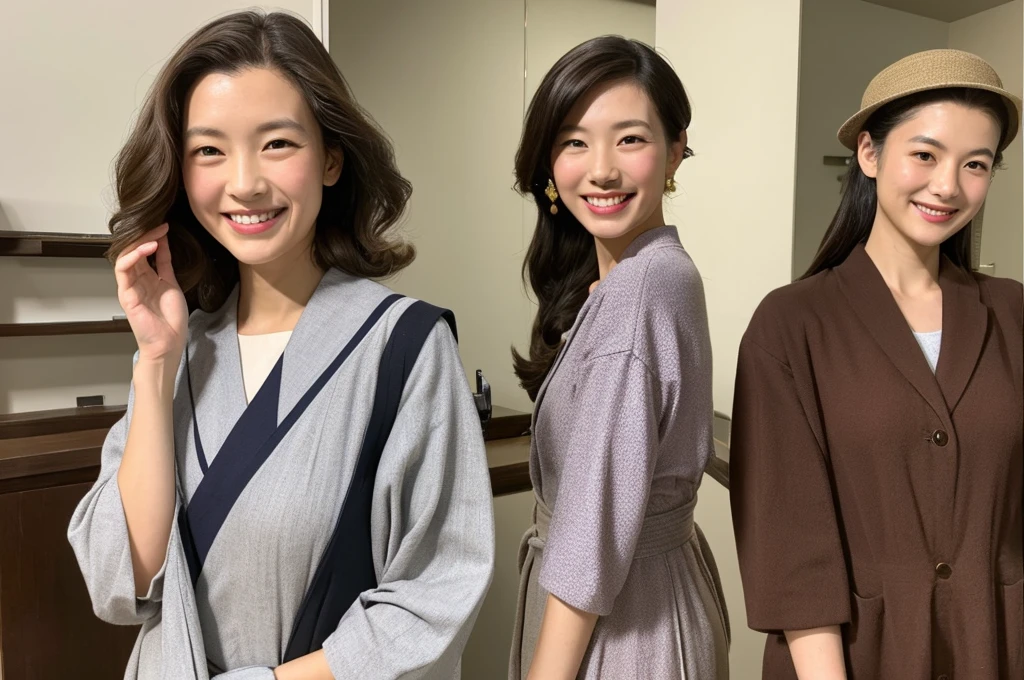 Highest quality、Masterpiece、、Japanese women、40s、smile、Slender figure、Realistic Face、Realistic hands、Detailed face、Three Women、Keep your distance