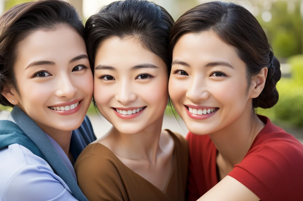 Highest quality、Masterpiece、、Japanese women、40s、smile、Slender figure、Realistic Face、Realistic hands、Detailed face、Three Women、Keep your distance