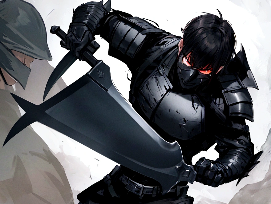 Soldier, with black armor, with a flaming machete sword, fighting with monsters 