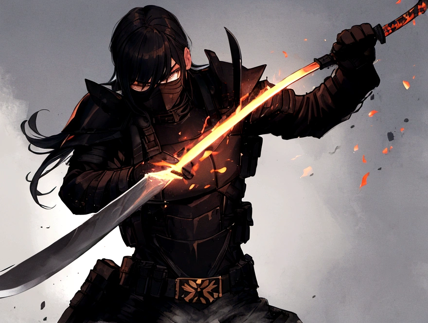 Soldier, with black armor, with a flaming machete sword, fighting with monsters 