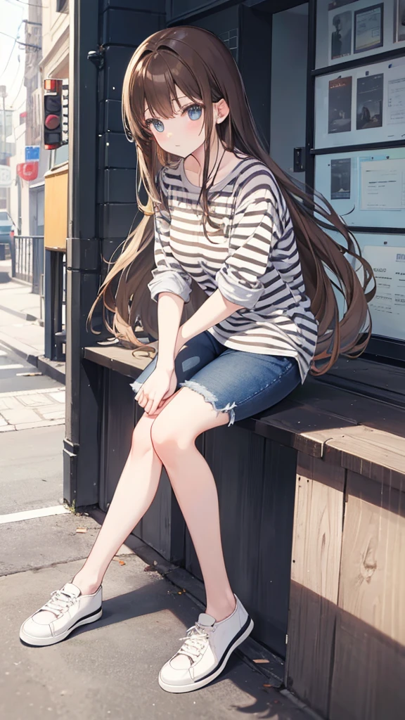 Girl with long brown hair,wearing striped shirt, black jeans and white shoes