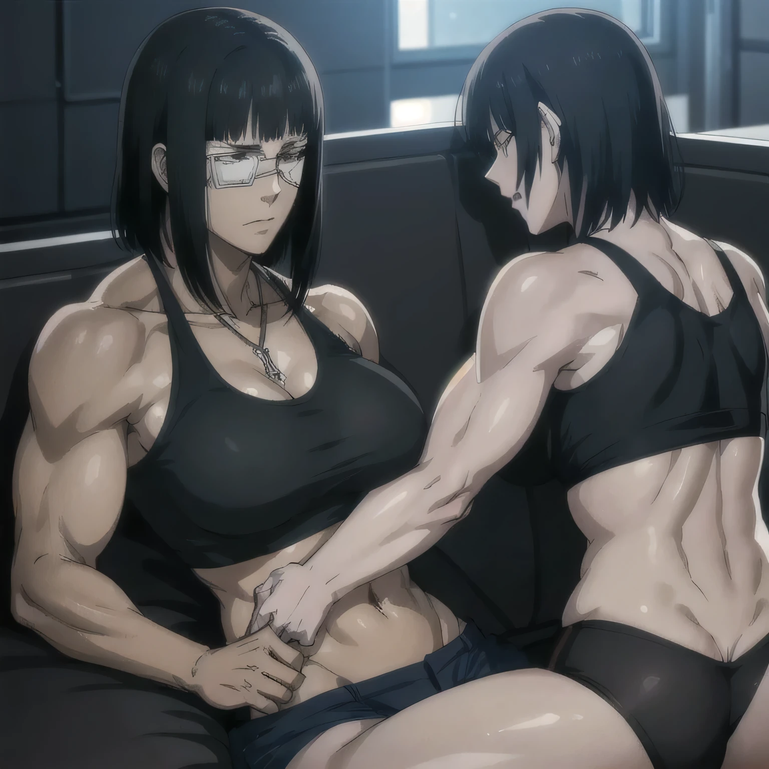 (best quality,ultra-detailed,realistic:1.37),musclaur badass girl with sculpted body with preview her musclaur body and muscles back, full review of the female character's face and body, intense expression, strong and confident posture, studio lighting, vivid colors, physiologically-based rendering, grungy texture, rugged background, dust particles in the air, commanding presence, professional, powerful, gritty aesthetics,,Valmet،short hair,necklace,Light reflection on shoulders,Sweat in muscles،،wearing military male  and midriff tank top, tattoos on shoulders،sitting in bed,eyepatch,Shining muscles,Shining skin,sexy muscles back ,side sitting,viewing ,sleeping one hand on neck,sleeping view ,,fixing graphics,fixing character body,two girl's sleeping together,hugs ,sleeping,close eyes,lying down,deep sleeping