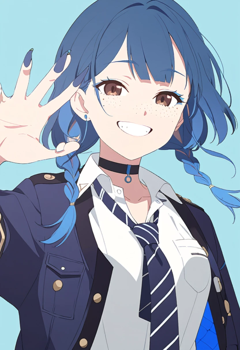 Flat Color, One girl, 一人in, tie, Double Bang, in, smile, Jacket, choker, Braiding, Hair Bun, looking at iniewer, shirt, Simple Background, Upper Body, Blue background, Manicure, Blue Claws, collared shirt, Brown eyes, bangs, blue tie, black choker, white shirt, Blue Hair, freckles, Grin, striped tie, long sleeines, open Jacket, blue Jacket, twin Braidings, Raise your hand, Flat Color
