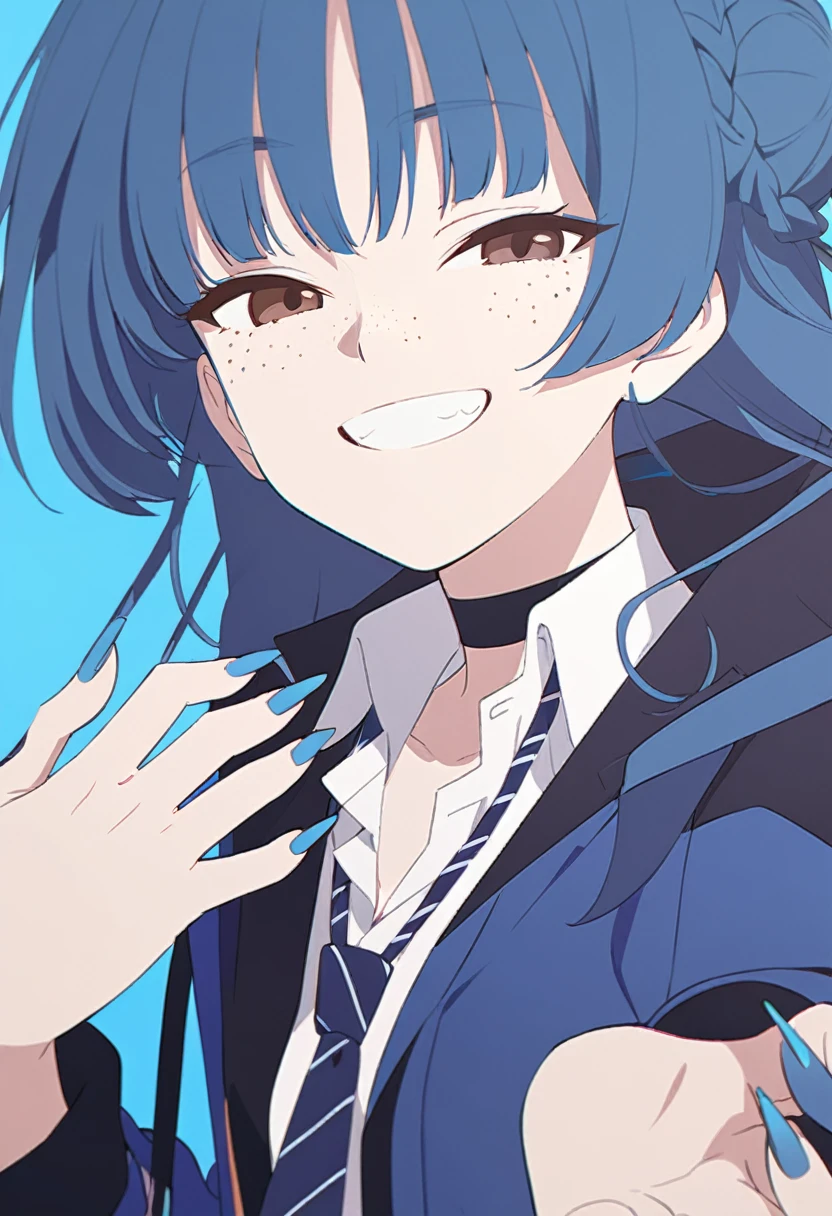 Flat Color, One girl, 一人in, tie, Double Bang, in, smile, Jacket, choker, Braiding, Hair Bun, looking at iniewer, shirt, Simple Background, Upper Body, Blue background, Manicure, Blue Claws, collared shirt, Brown eyes, bangs, blue tie, black choker, white shirt, Blue Hair, freckles, Grin, striped tie, long sleeines, open Jacket, blue Jacket, twin Braidings, Raise your hand, Flat Color