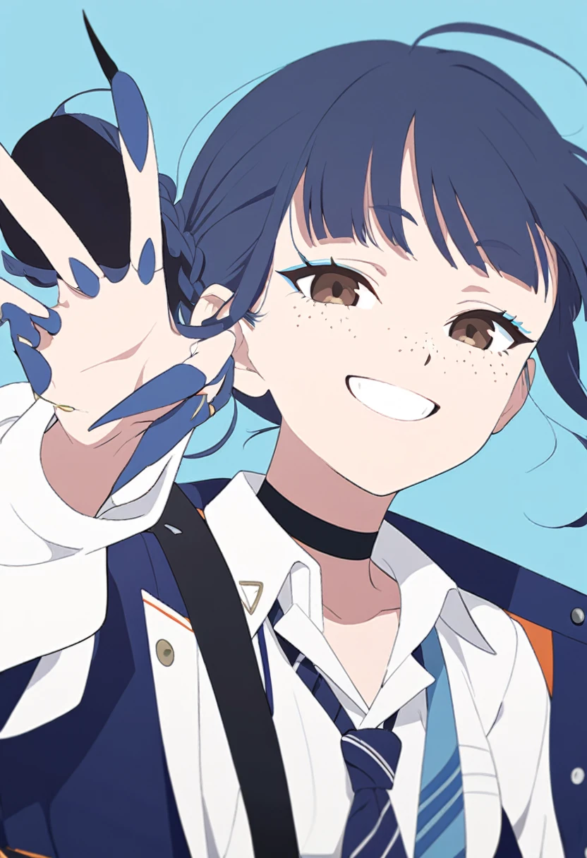 Flat Color, One girl, 一人in, tie, Double Bang, in, smile, Jacket, choker, Braiding, Hair Bun, looking at iniewer, shirt, Simple Background, Upper Body, Blue background, Manicure, Blue Claws, collared shirt, Brown eyes, bangs, blue tie, black choker, white shirt, Blue Hair, freckles, Grin, striped tie, long sleeines, open Jacket, blue Jacket, twin Braidings, Raise your hand, Flat Color