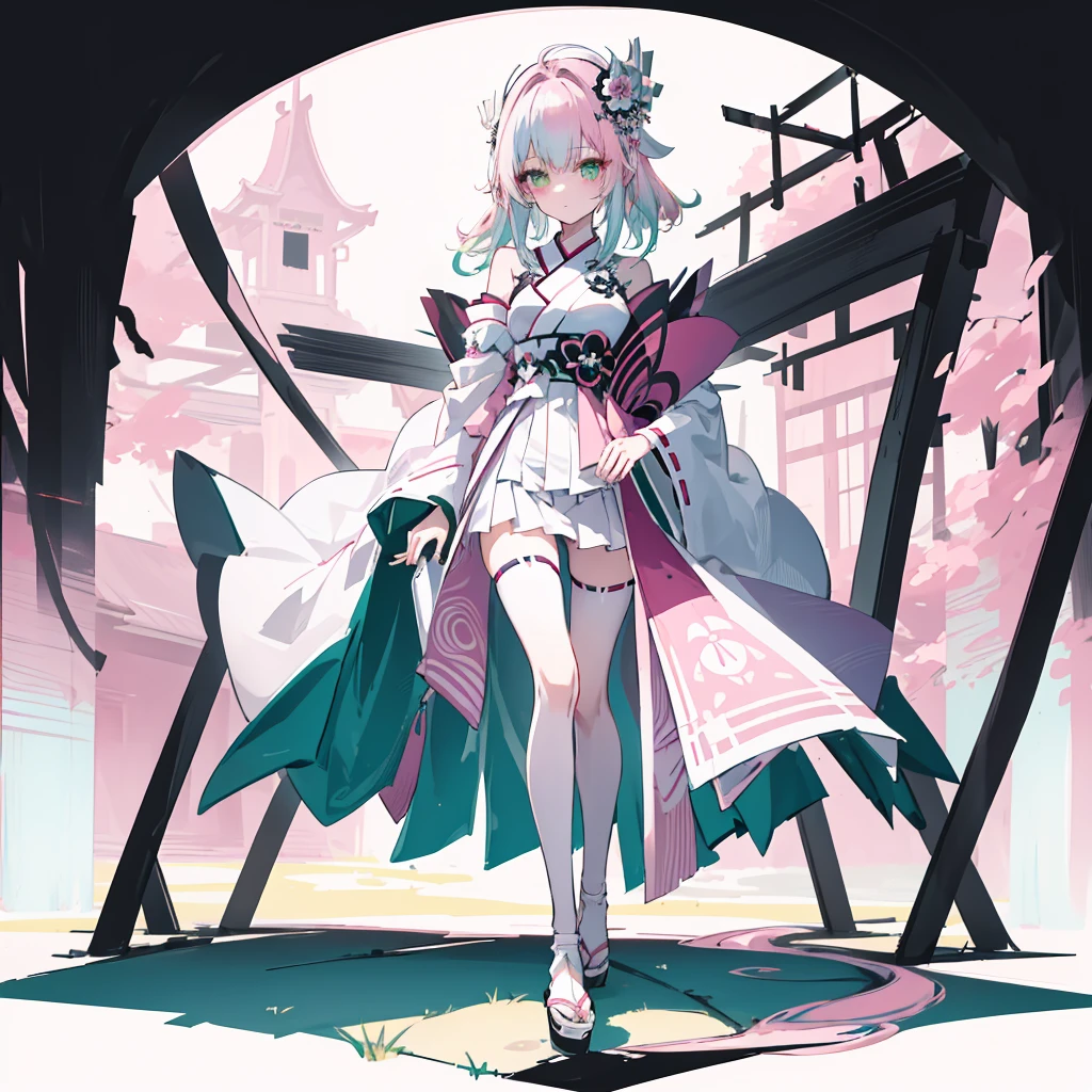 ((A pink-haired)),The hair was long,green eyes,Very long dull hairs,dark city background,white kimono costume,White miko stockings,white mini skirt, night,standing,pink hair,pink hair,