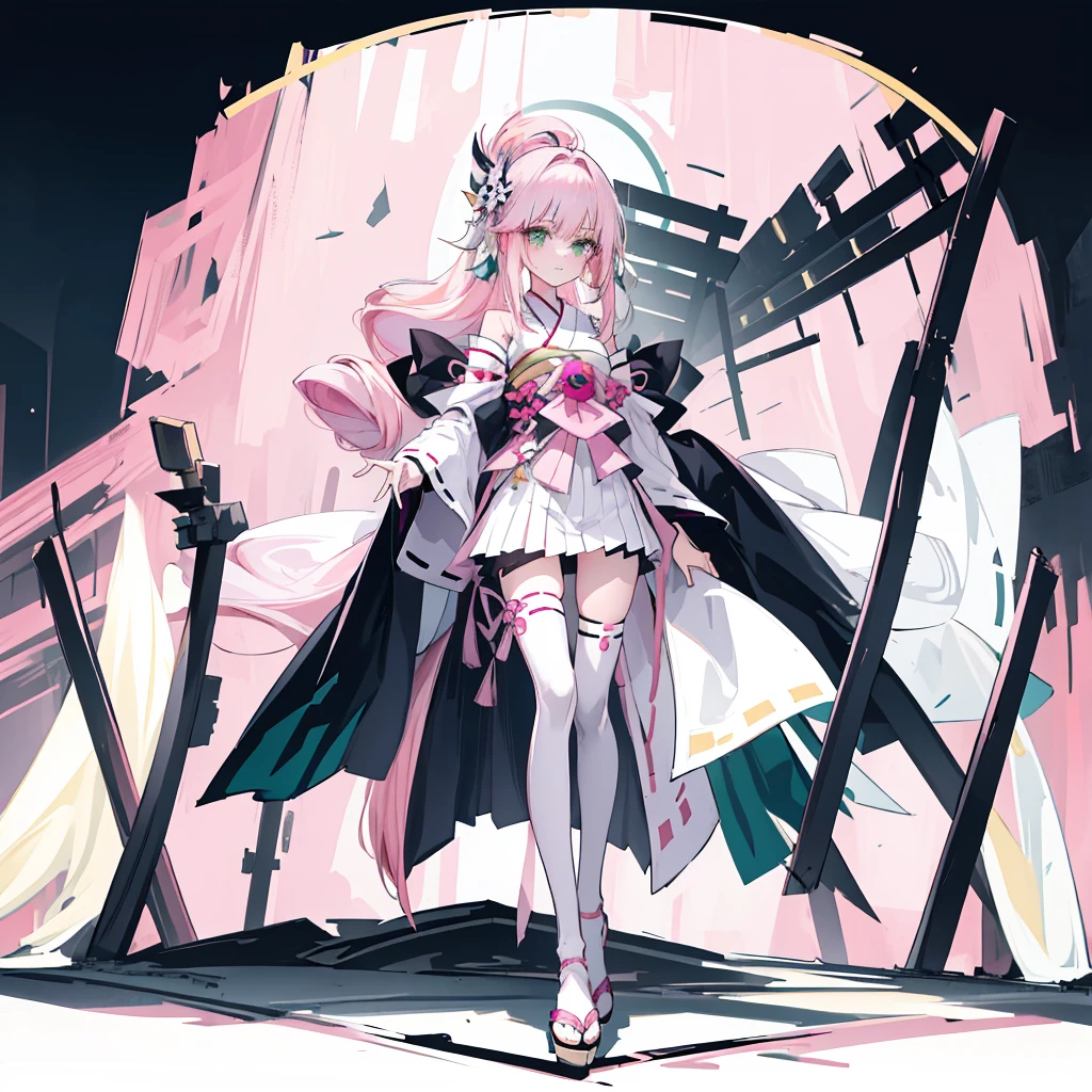 ((A pink-haired)),The hair was long,green eyes,Very long dull hairs,dark city background,white kimono costume,White miko stockings,white mini skirt, night,standing,pink hair,pink hair,