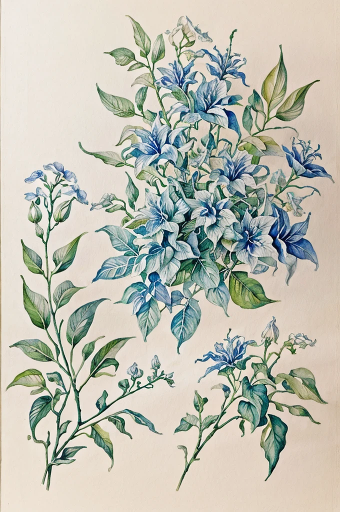 masterpiece of watercolor botanic illustration on white cotton paper of a pair of brugmansia blue flowers, with a branch, and some leaves